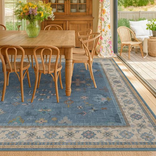 Hazo Haus Area Rug - Dusty Blue 10x14 Washable Lightweight Floral Design for Living Room & Bedroom