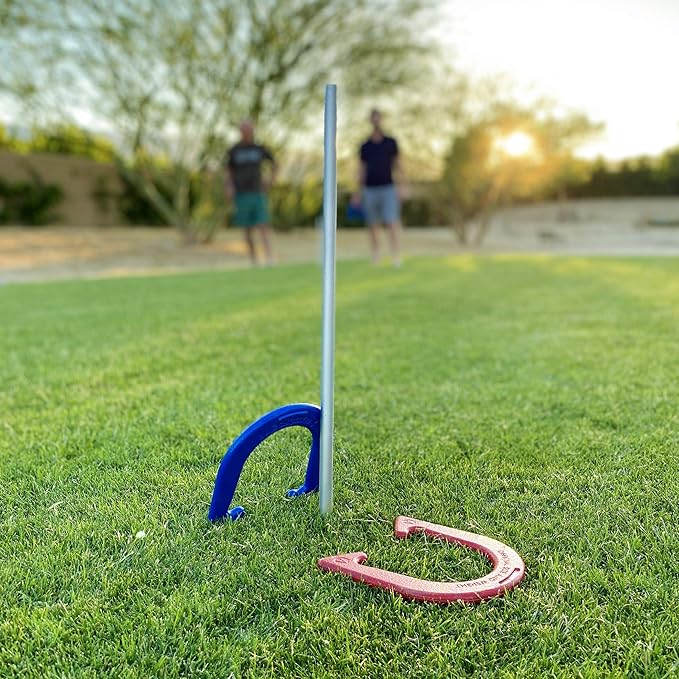 GoSports Steel Horseshoes Outdoor Game Set - Gold & Silver or Red & Blue - Official Size and Weight
