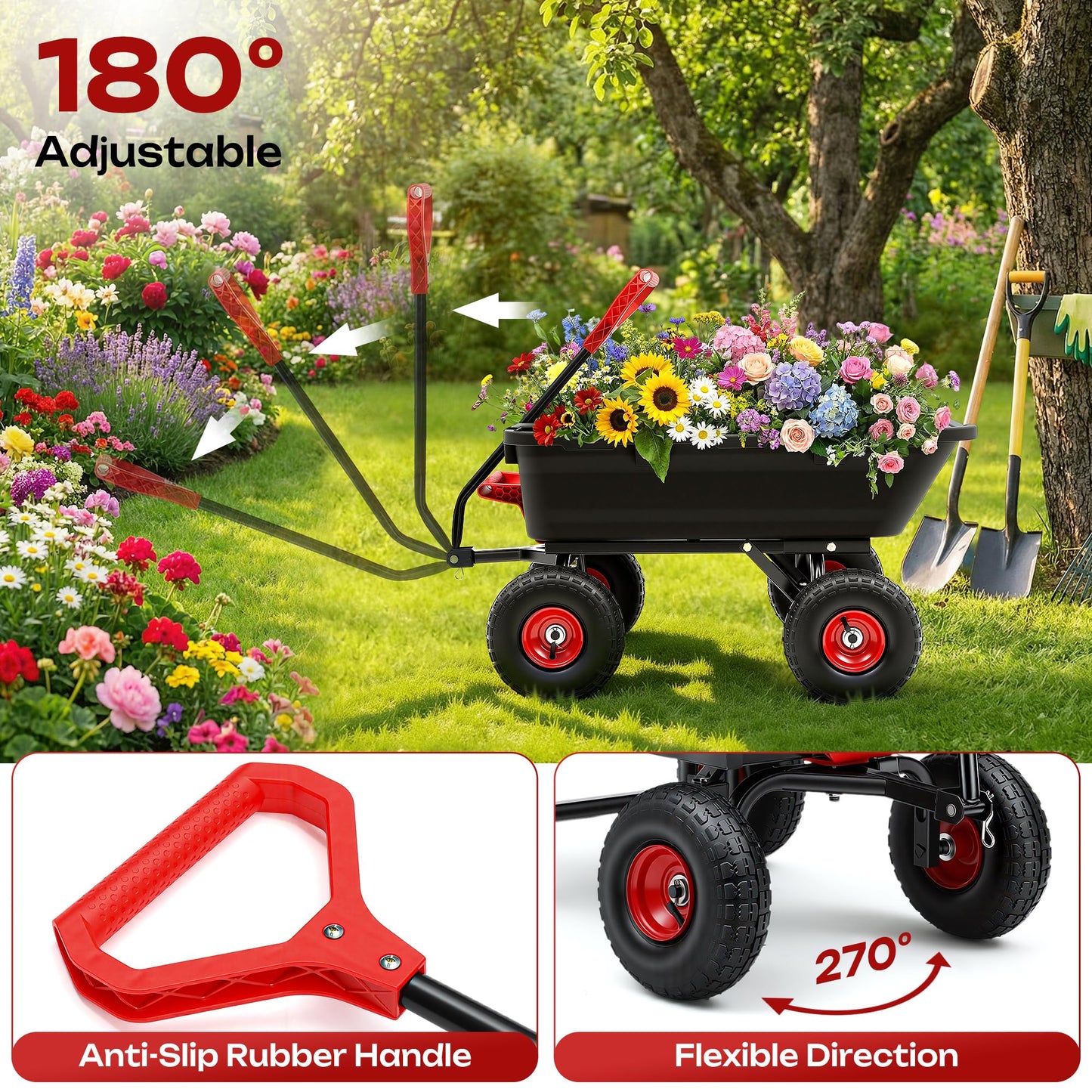 Autodaya 900LB Garden Dump Cart, 2026 Upgraded Heavy Duty Wheelbarrow Cart with 10" Non-Slip Pneumatic Tires & Quick-Release System, 4-Wheel Steel Frame Wagon for Transportation in Yard, Farm, Garden