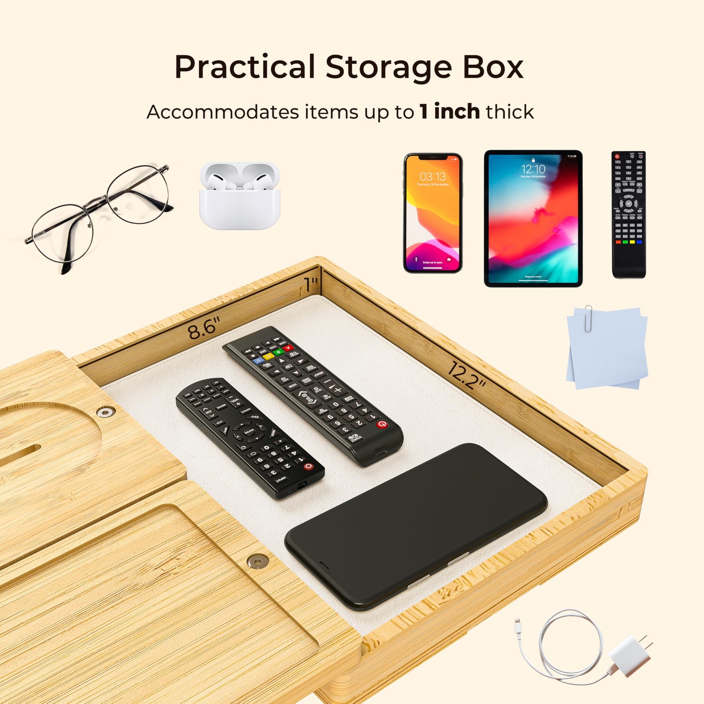 Wealone Bamboo Couch Arm Tray with 2 Rotatable Tray, Adjustable Sofa Arm Clip Table with Storage Box & 360° Phone Holder, Couch Armrest Table for Snacks, Drinks or Dining