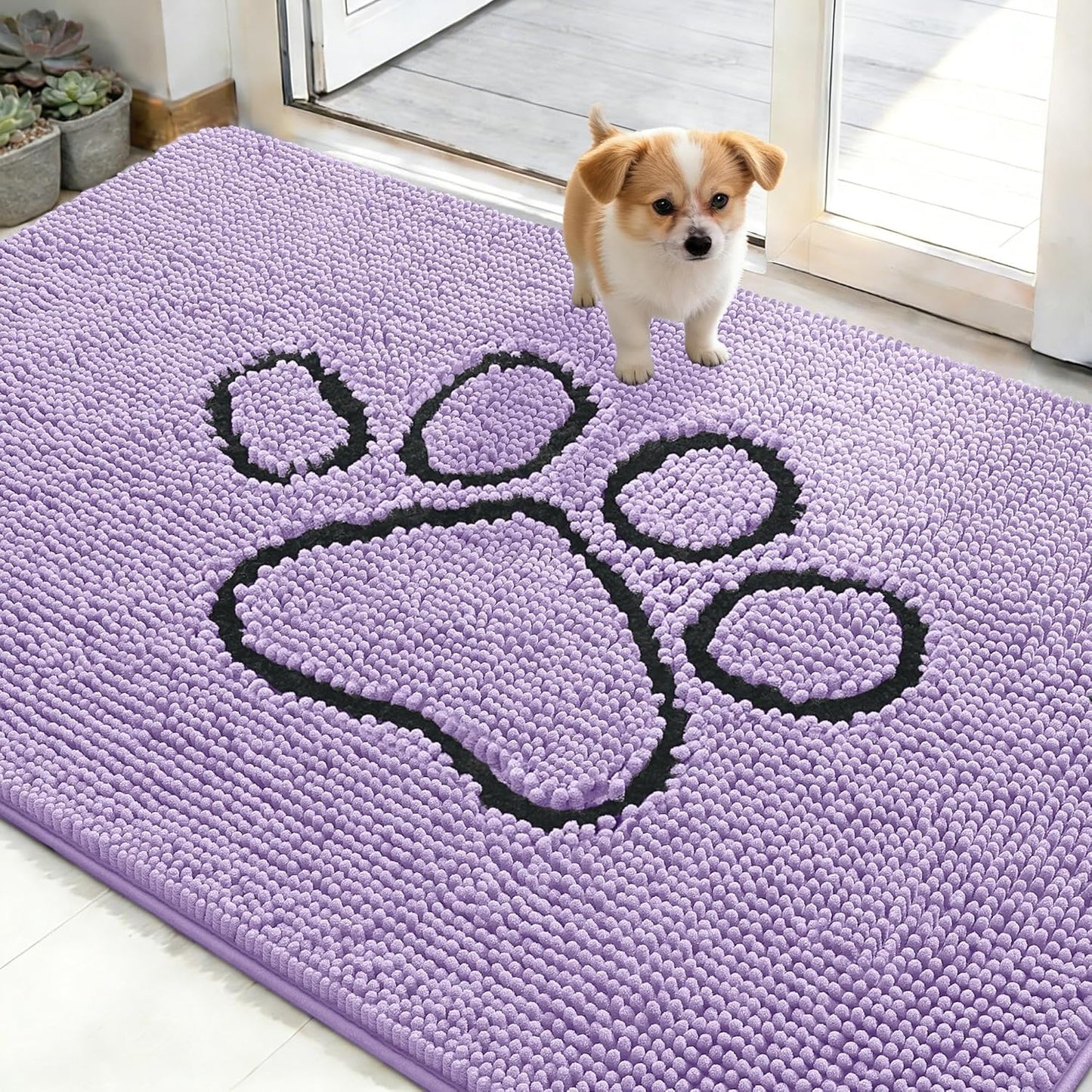 OLANLY Dog Door Mat - Absorbent Non-Slip Muddy Paws Design | 48x30 Lavender Chenille Doormat