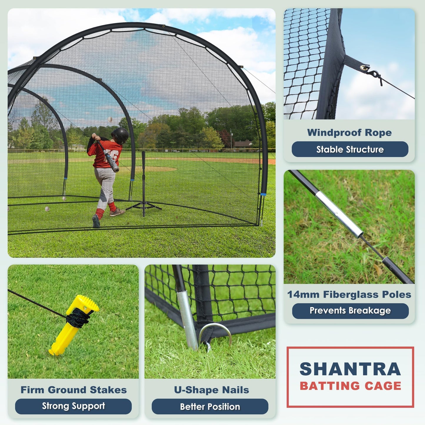 SHANTRA Batting Cage with Frame and Net, 13ft & 22ft Baseball Batting Cage for Backyard, Baseball & Softball Hitting Cage Netting for Outdoor Hitting & Pitching Practice,22×13×9ft