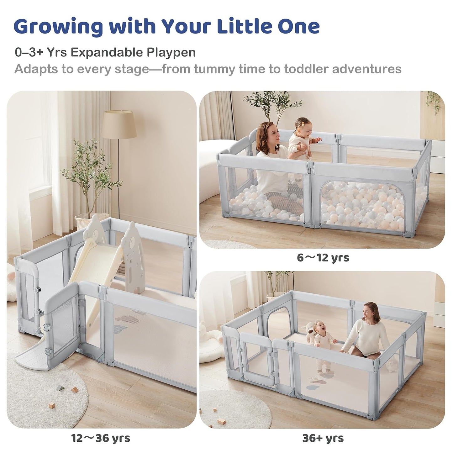 Sweeby Foldable Baby Playpen - Large 71x59 Play Yard with Gate for Indoor & Outdoor Use - Light Grey