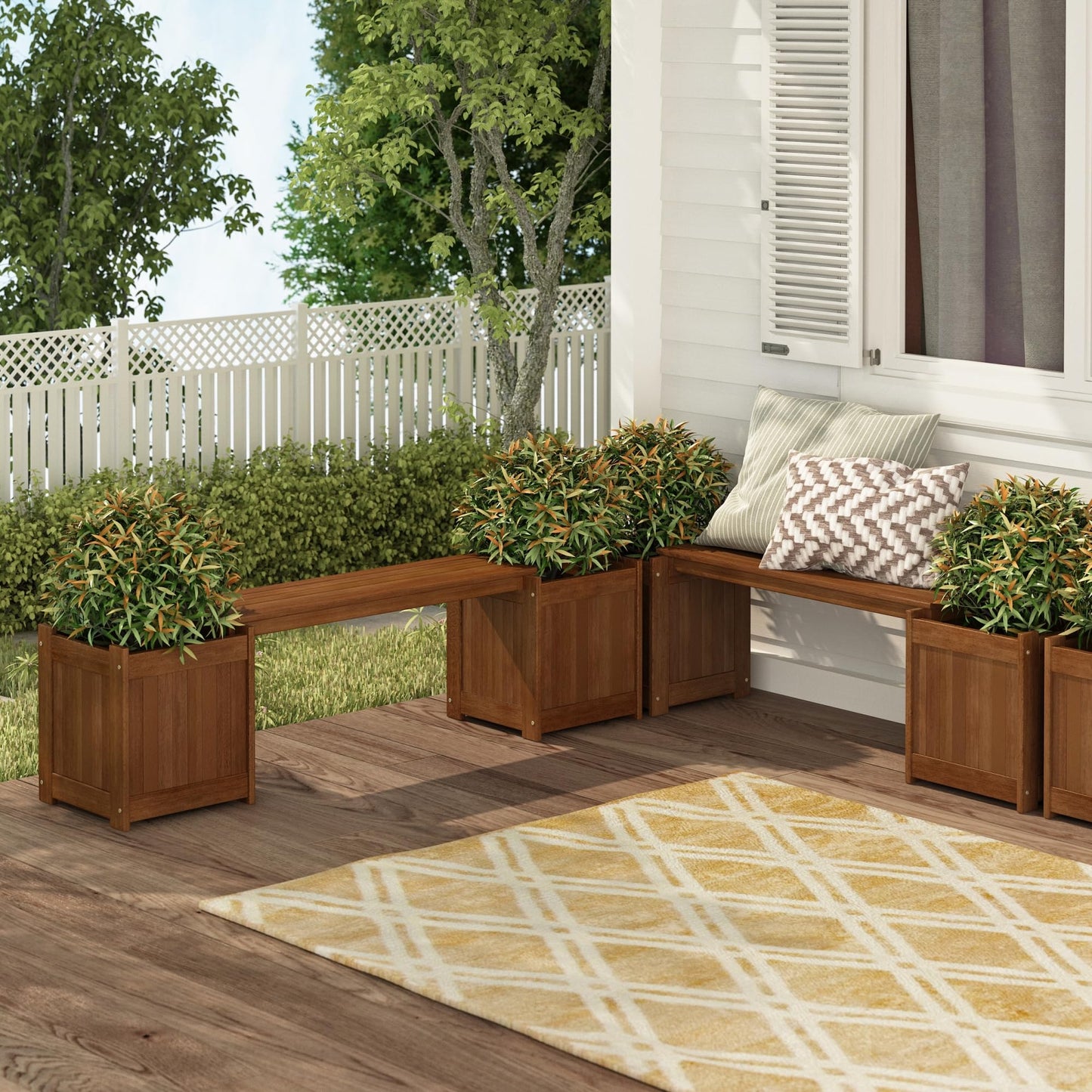 Furinno TIOMAN Planter Box with Bench, Hardwood Flower Box with Seat, Cube Garden Box, in Teak Oil, Outdoor Indoor, Garden, Patio, Balcony, Light Wood