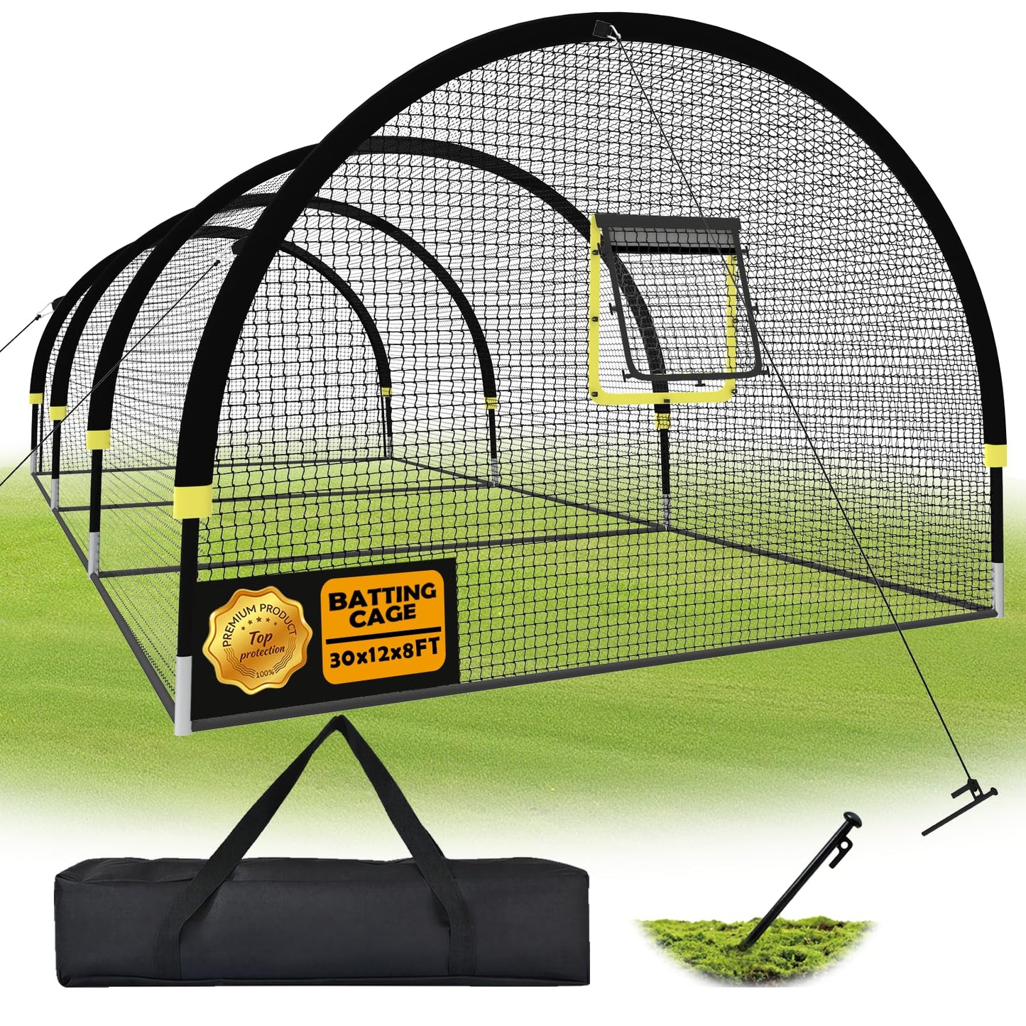 IDEATRY Baseball Batting Cages for Backyard - 30ft x 12ft x 8ft Portable Practice Softball Cage Net and Frame with Pitching Machine Hole, 12.7MM Fibreglass Poles and Carry Bag