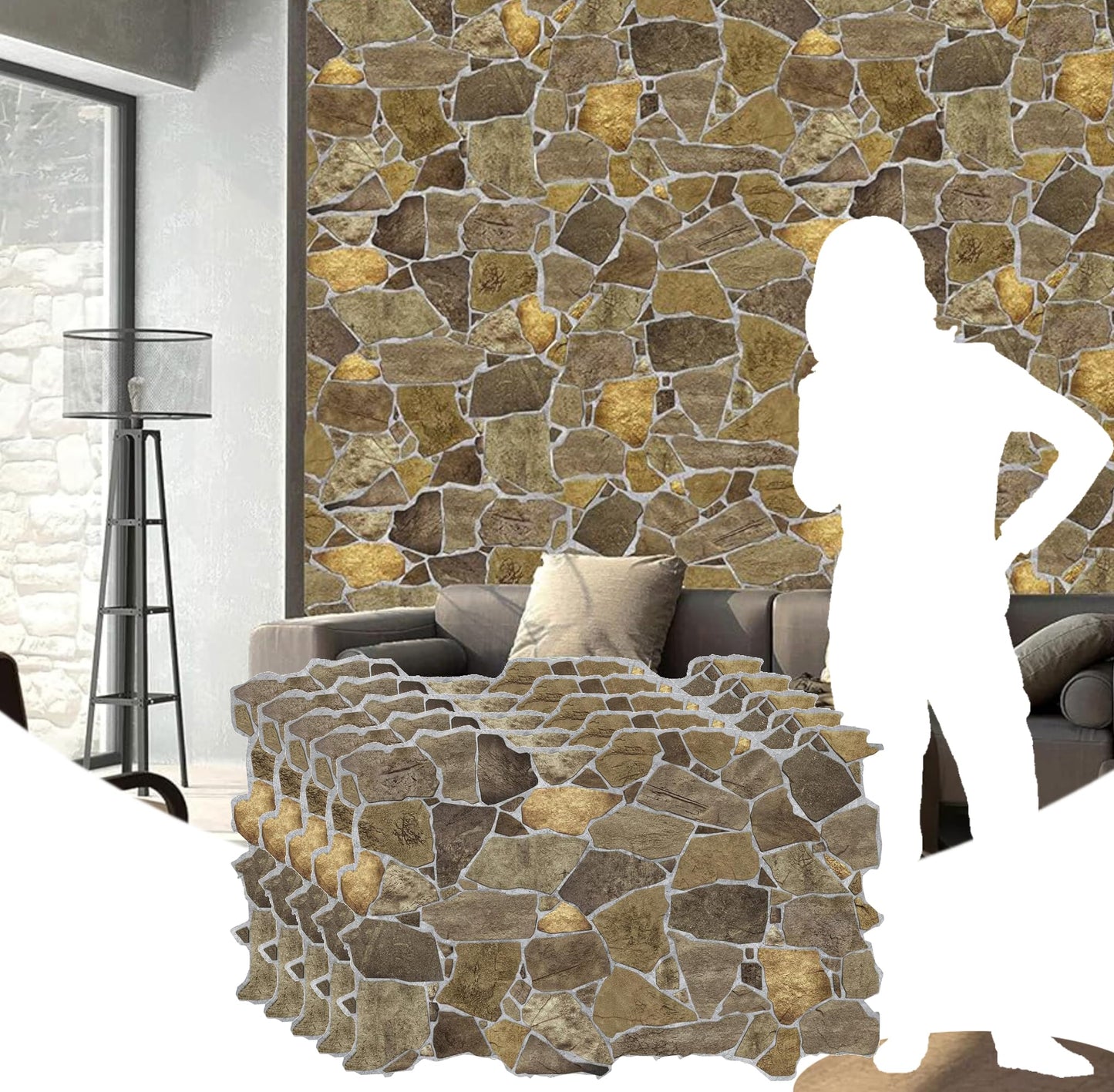 Dundee Deco 3D Wall Panels Faux Stone PVC Brown, 3.2 ft X 2.1 ft (98cm X 63cm), Pack of 5, Interior Design Wall Paneling Decor, Total Coverage 33.5 sq. ft. (3.1 sq. m)
