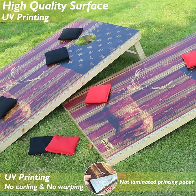 LED Cornhole Board Set 4FTx2FT Solid Wood Regulation Size Cornhole Set with LED Lights Includes 8 Cornhole Bags for Adults (USA Flag & Deer, 4'x2')
