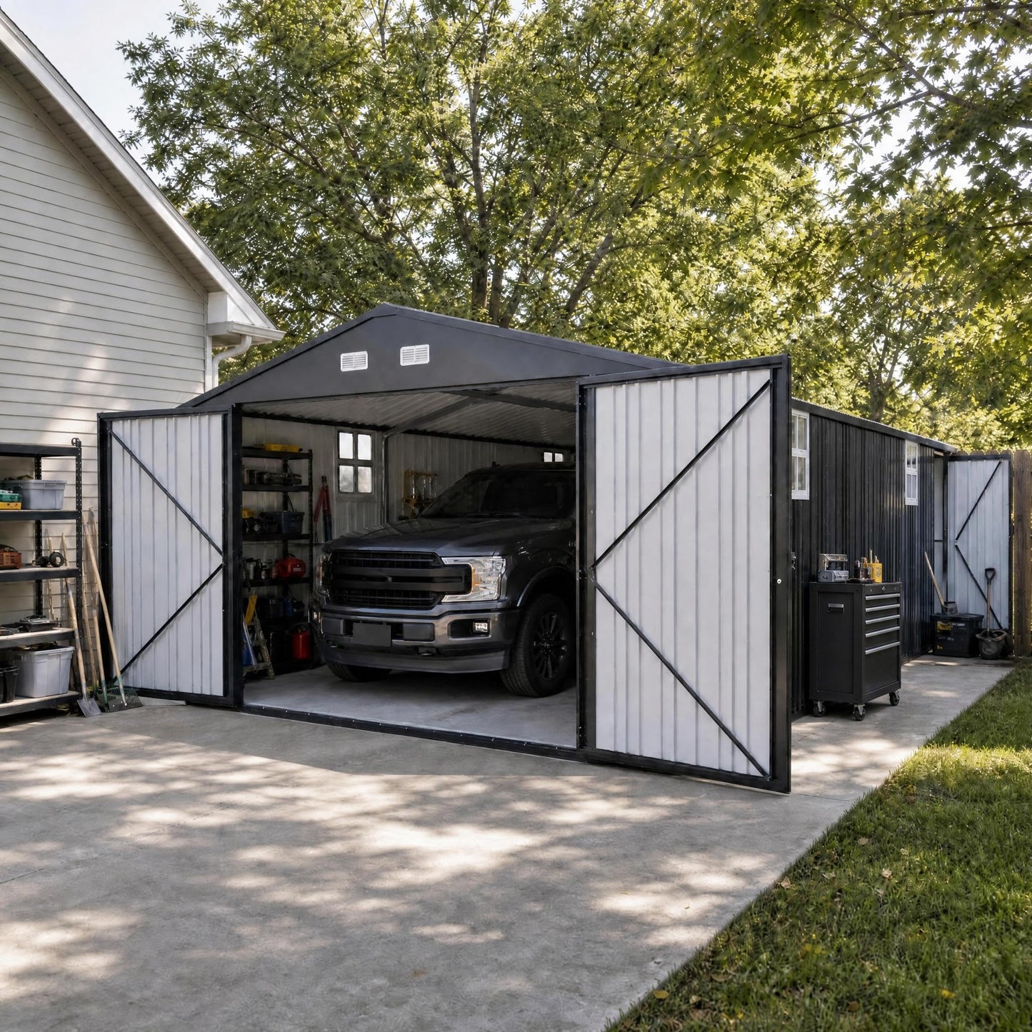 12x25 FT Metal Garage Shed, Outdoor Extra Large Storage Shed with Double Hinged Doors, 4 Windows, Heavy Duty Carport for Cars, Boats, Trucks and Equipment Storage, Gray