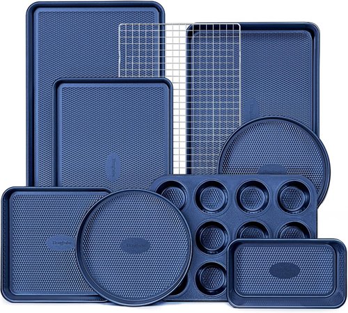 HONGBAKE 9-Piece Nonstick Baking Pans Set - Stackable, Non-Toxic Bakeware with Diamond Texture | Blue