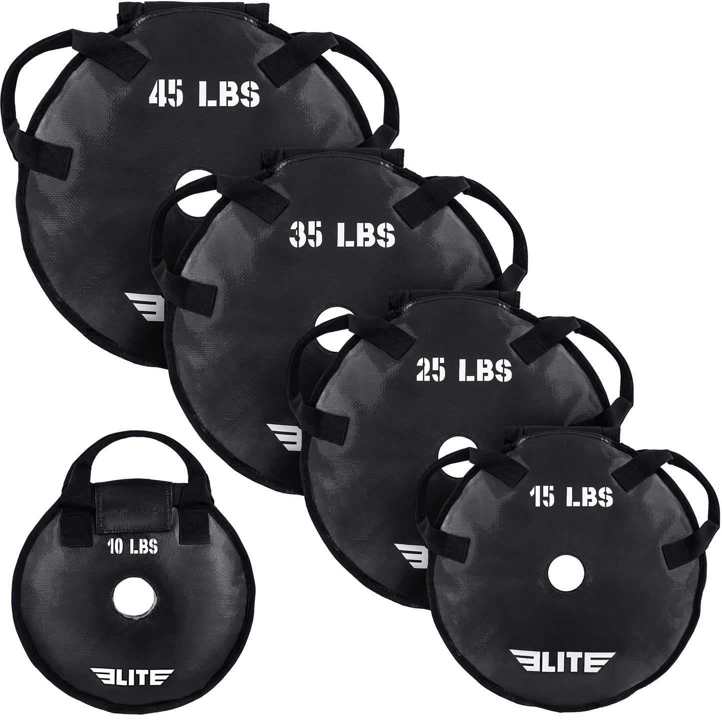 Elite Sports Unfilled Workout Sand Plates (Set of 2) Olympic Weight Plates for Barbell Training, Drop-Proof Waterproof TPU Material, 10/15/25/35/45 LB, Strength, Home Gym and Functional Fitness