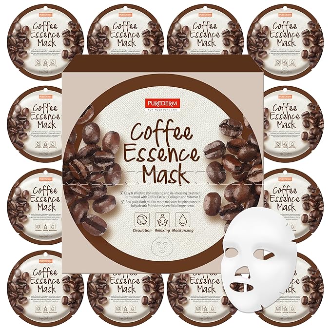 Purederm Coffee Essence Collagen Mask (12 Pack) - Coffee Extracts and Soothing Ingredients to Care for Your Tired Skin in a Comfortable…