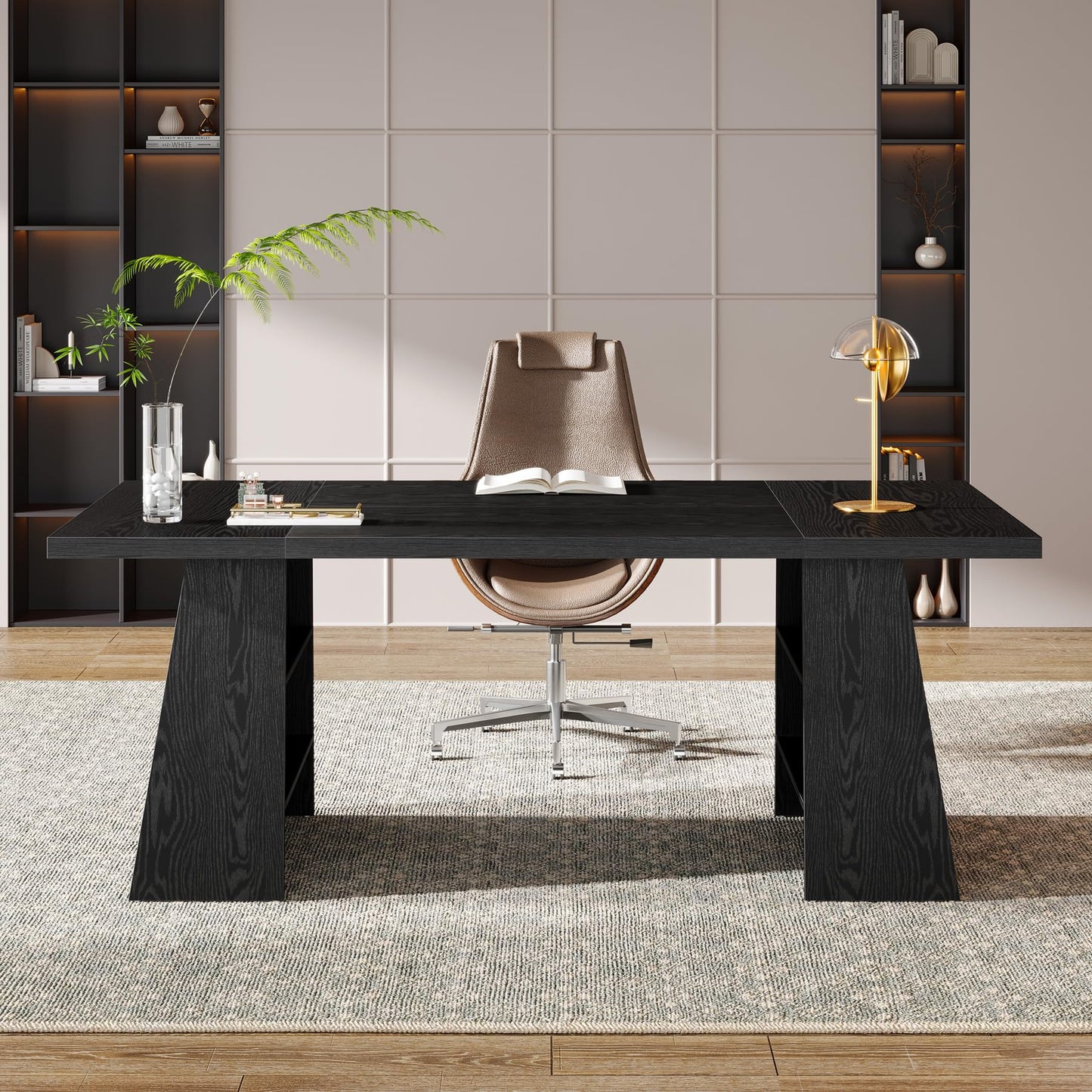 Tribesigns 63-Inch Executive Desk, Modern Black Office Desk with Double Pedestal and Storage Shelves, Simple Large Computer Writing Conference Table Workstations Business Furniture for Home Office