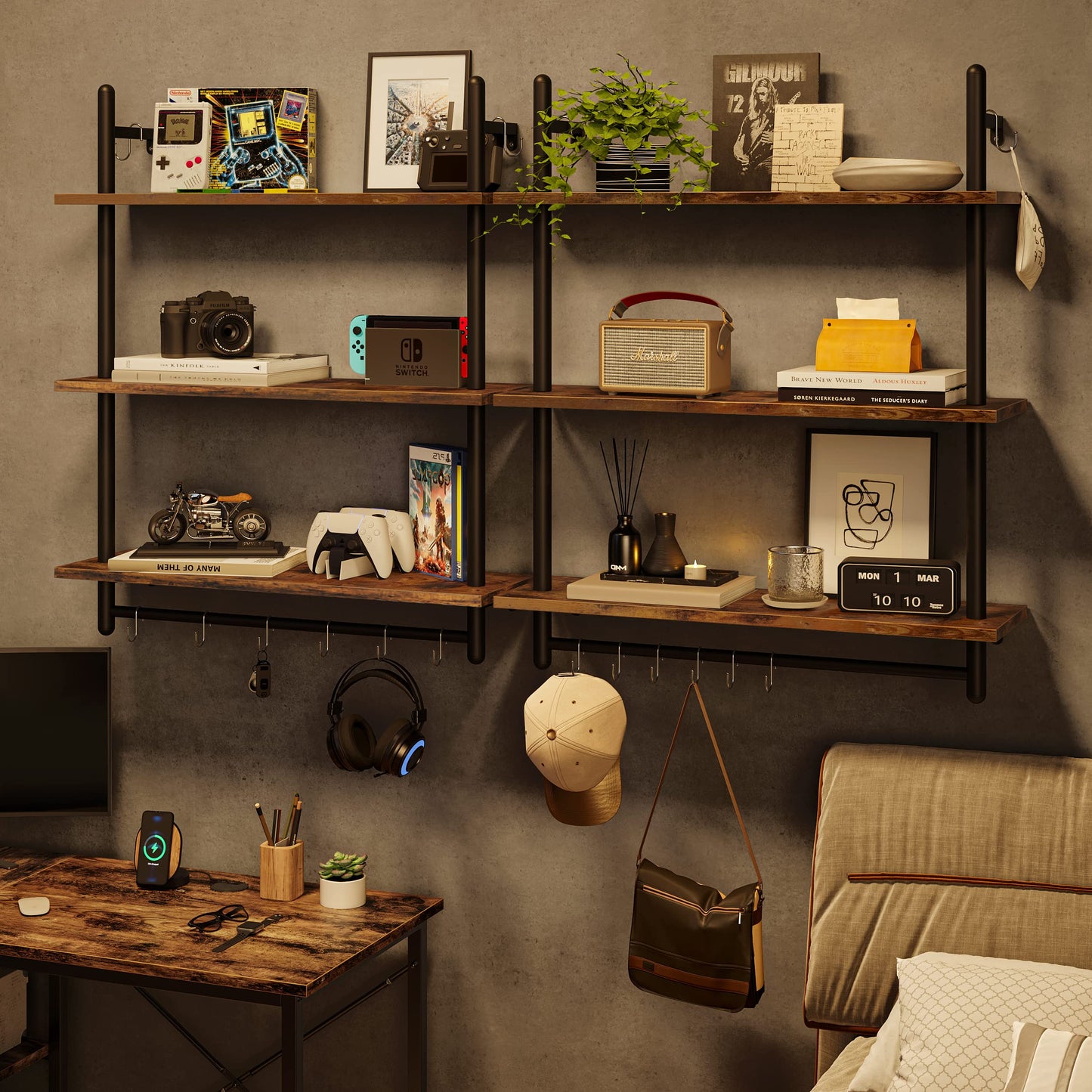 Bestier Floating Pipe Shelving Kitchen Shelves, 31" Wall Mounted Shelf 2 Tier & 3 Tier Bundle, Rustic Brown