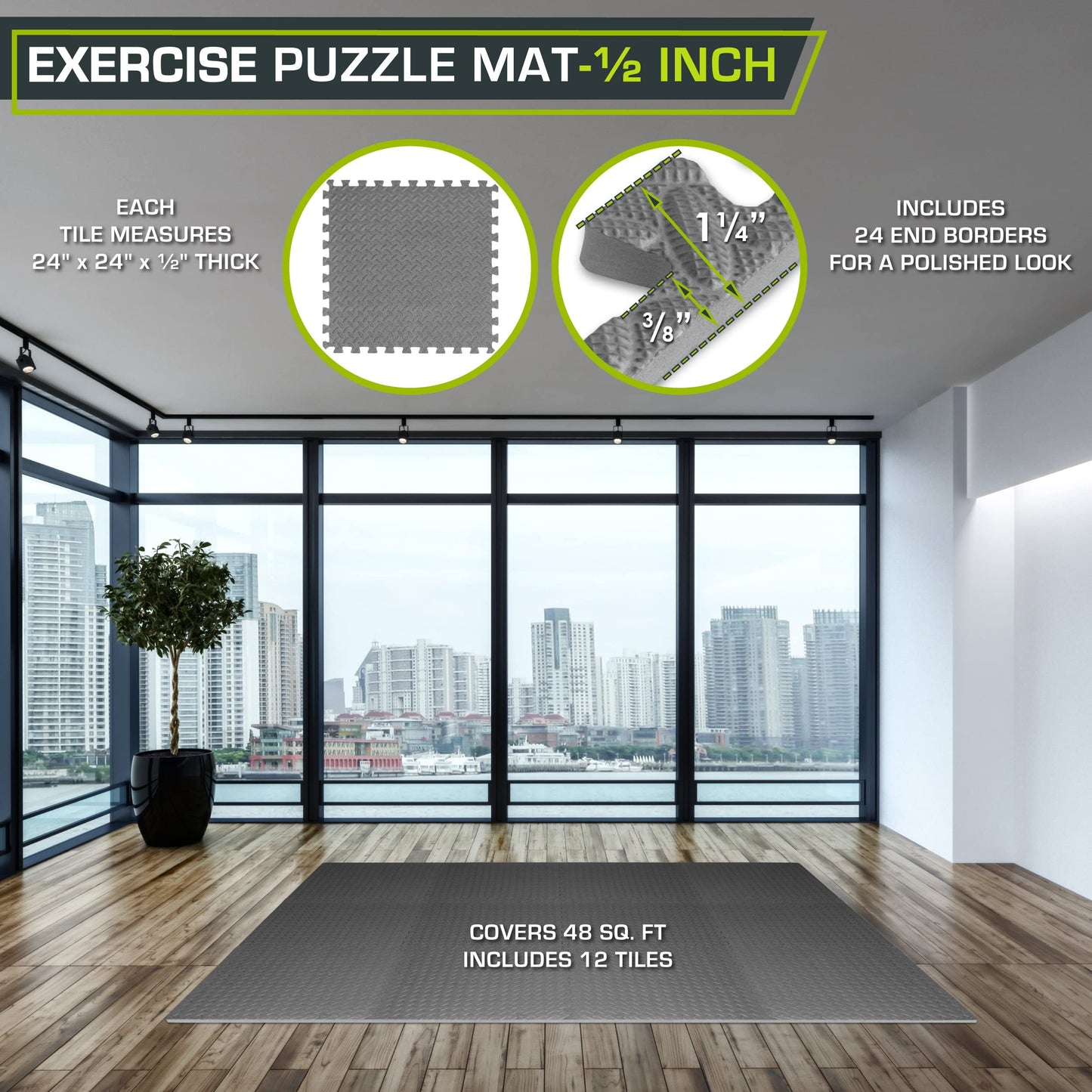 ProsourceFit Exercise Puzzle Mat ½-inch, EVA Interlocking Foam Floor Tiles for Home Gym, Workout Equipment, Kids Play Areas, Grey, 48 SQ FT - 12 Tiles