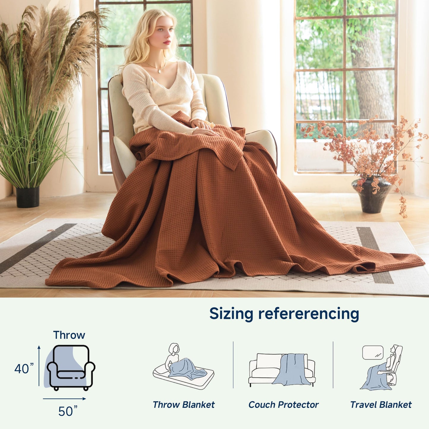 Simple&Opulence 100% Cotton Waffle Weave Throw Blanket 40"x50", Soft Lightweight Breathable Cozy Washed, Layer Blanket for Couch Bed Sofa, Farmhouse Home Decor for Adults All-Season, Rust Orange
