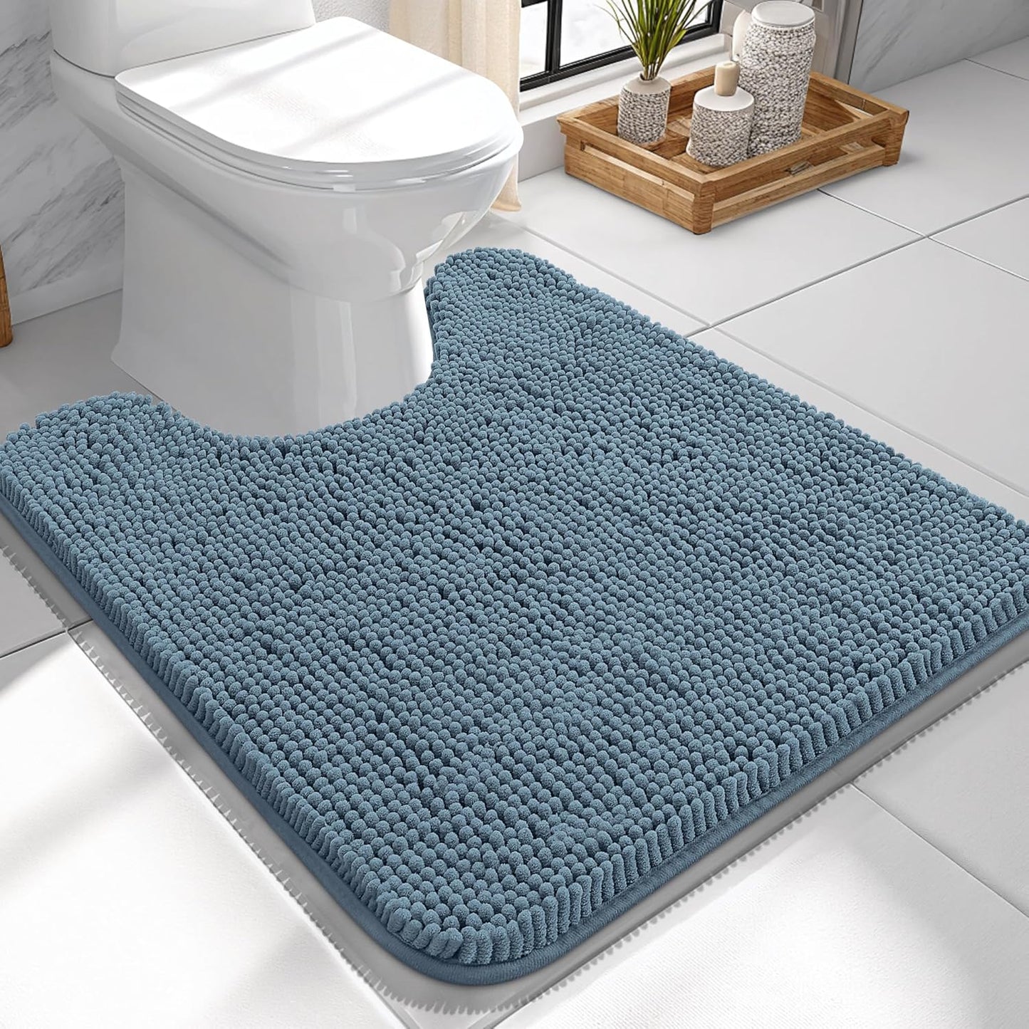 OLANLY U-Shaped Toilet Rugs - Extra Soft Chenille Bathroom Mat | 24x24, Quick-Dry, Non-Slip, Airy Blue