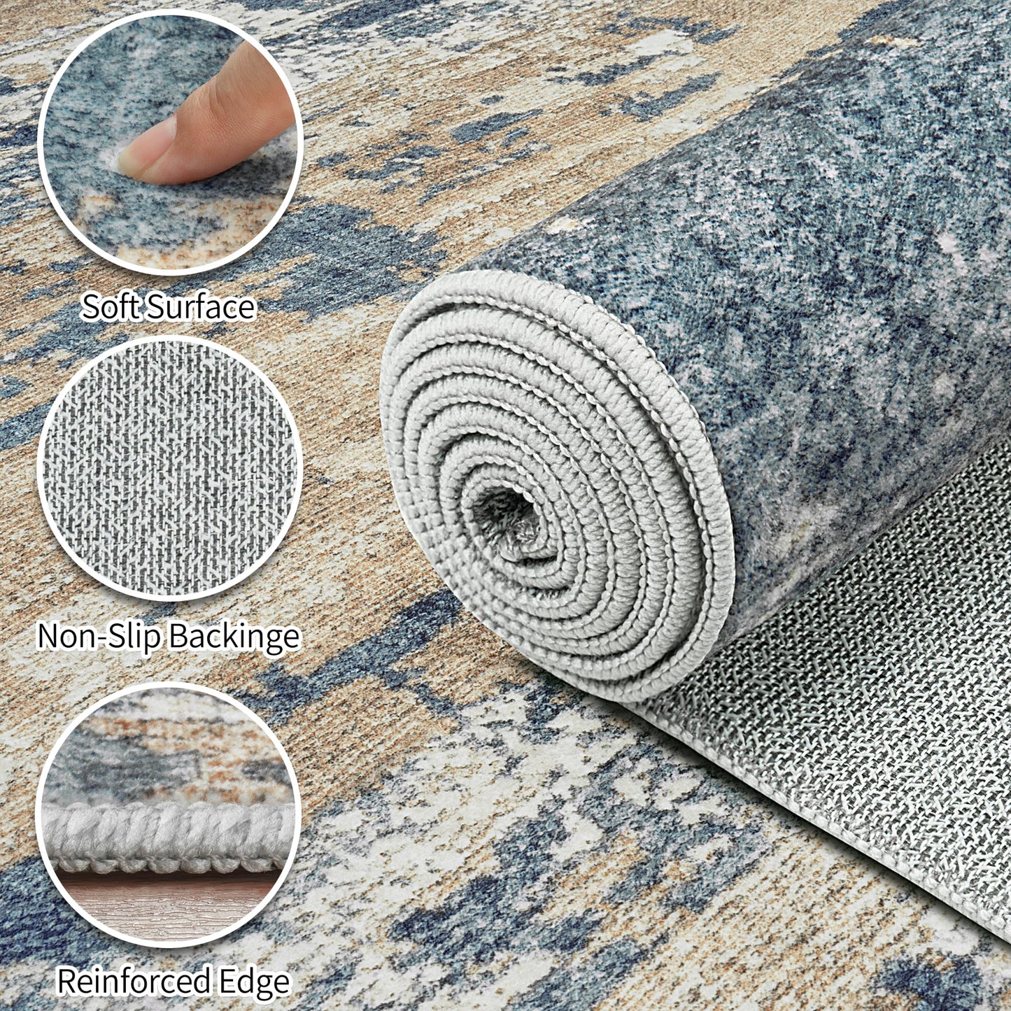 Area Rugs 5x7 Living Room: Large Soft Washable Rug Modern Abstract Anti-Skid Non-Shedding Carpet Indoor Floor Thin Carpets for Bedroom Dining Room Farmhouse Nursery Home Office Brown Blue