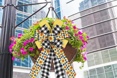 ABTOLS Large Spring Bows - Black White Buffalo Plaid & Yellow Floral Decor for Wreaths | Indoor/Outdoor Use