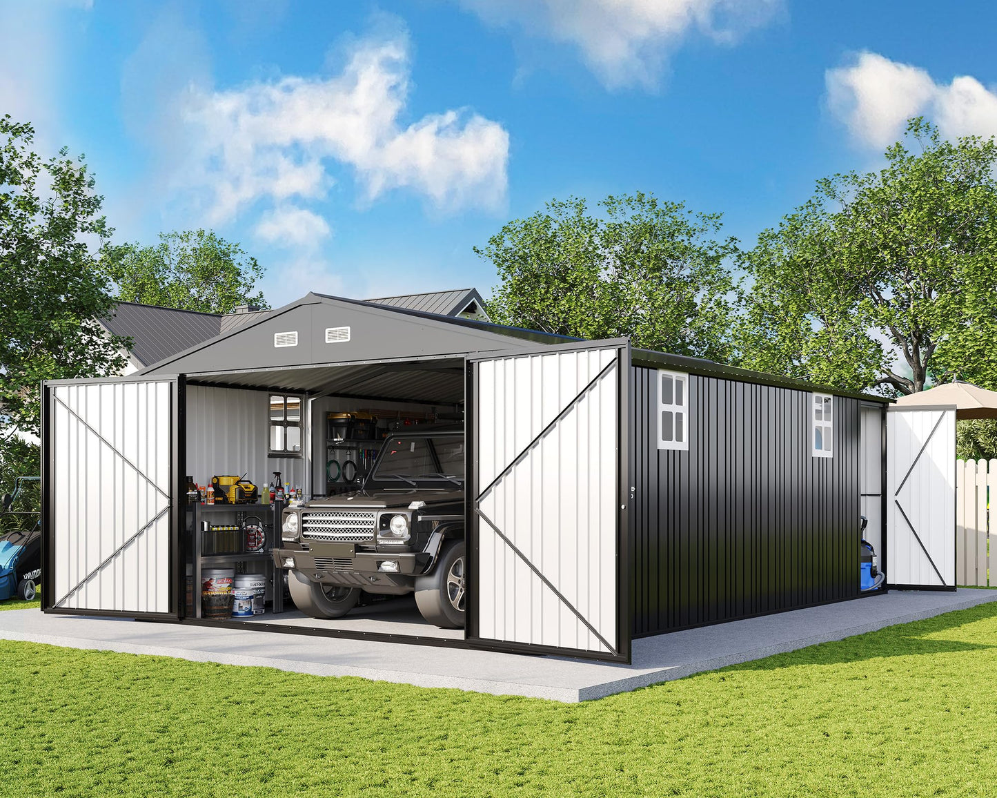 AMERLIFE 13x21x8 FT Metal Garage Shed, Extra Large Outdoor Storage Shed with Double Hinged Doors, 4 Windows, Heavy Duty Carport for Cars, Boats, Trucks and Equipment Storage, Dark Gray