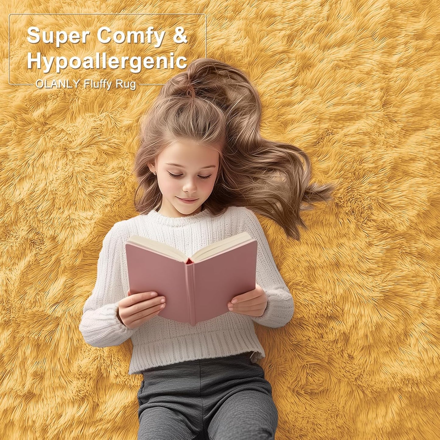 OLANLY Soft Fluffy Shaggy Bedside Rug - Machine Washable 2x3 Entryway Carpet in Mustard Yellow