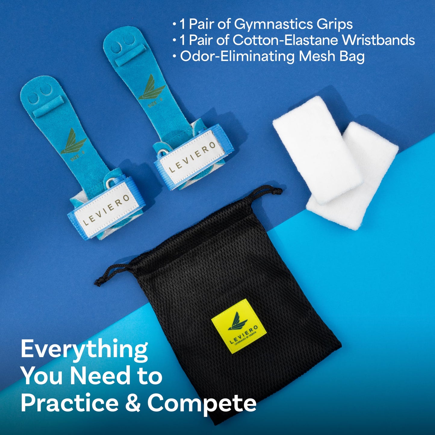 LEVIERO Gymnastics Grips Set Narrow Nippers, Grips for Gymnastics Girls, Dowel Grips with Soft Leather, Hook and Loop Wrist Straps, and Adjustable Finger Holes, for All Ages - (Aqua, 00)