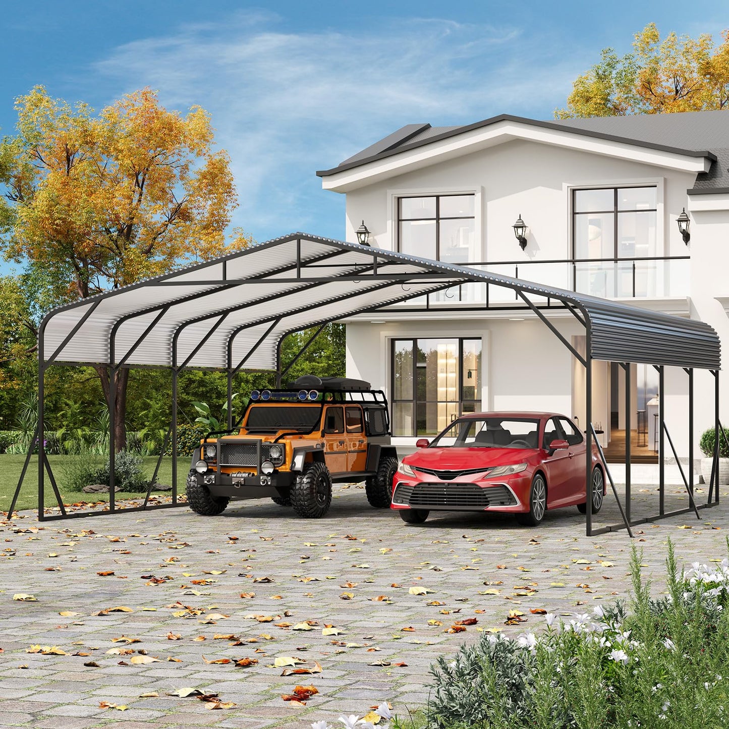 PeakPursuit Metal Carport, 20x20 FT Outdoor Car Port Canopy with Galvanized Steel Roof and Reinforced Base, Heavy Duty Garage Car Shelter Shade for SUV, Truck, Boats