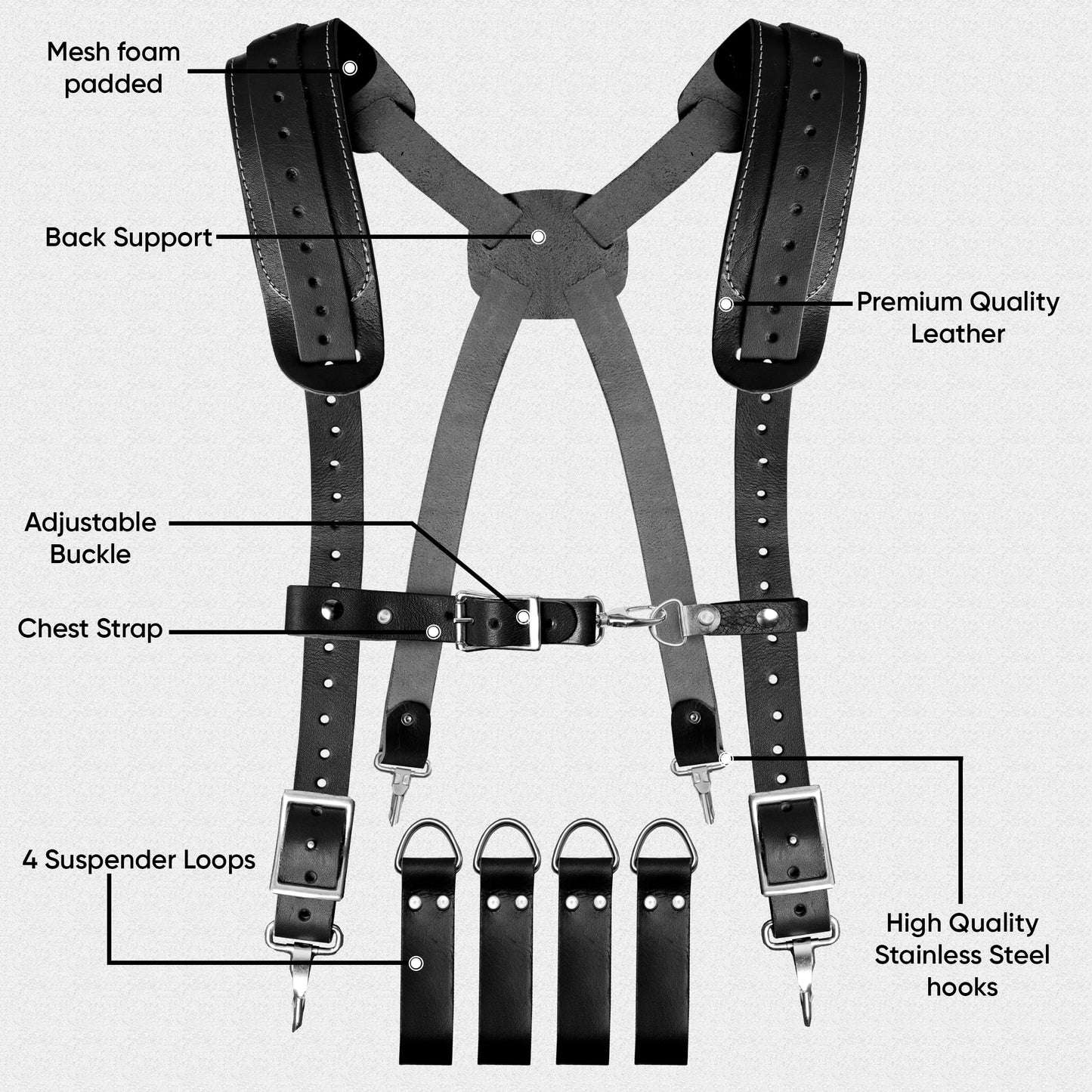 FUERI Heavy Duty 26 Pocket Tool Belt with Suspender | Grain Black Leather & Red Nylon Carpenter Tool Belt With 2 Large Pouches, Hammer Holder, Suspender Loops & Padded Belt, Ideal for Electricians