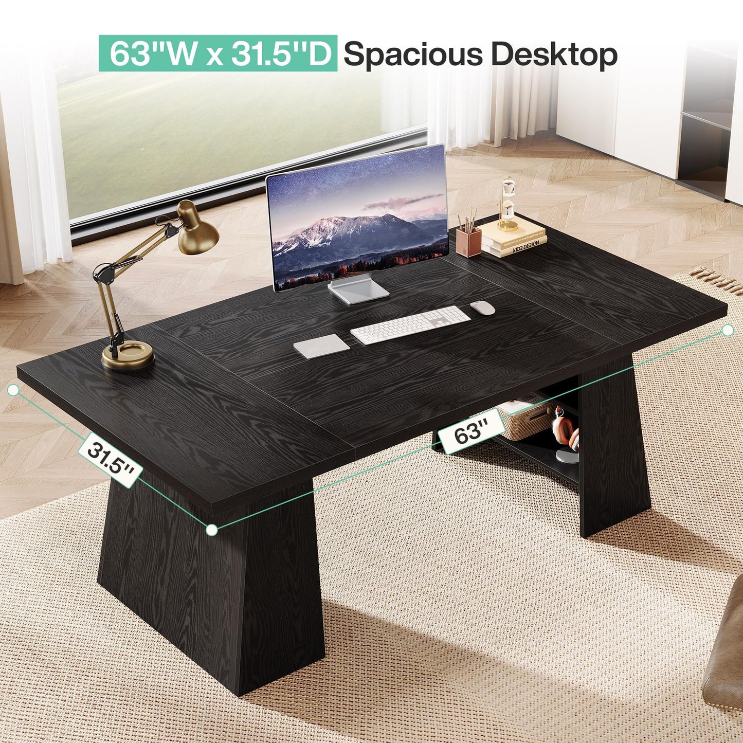 Tribesigns 63-Inch Executive Desk, Modern Black Office Desk with Double Pedestal and Storage Shelves, Simple Large Computer Writing Conference Table Workstations Business Furniture for Home Office