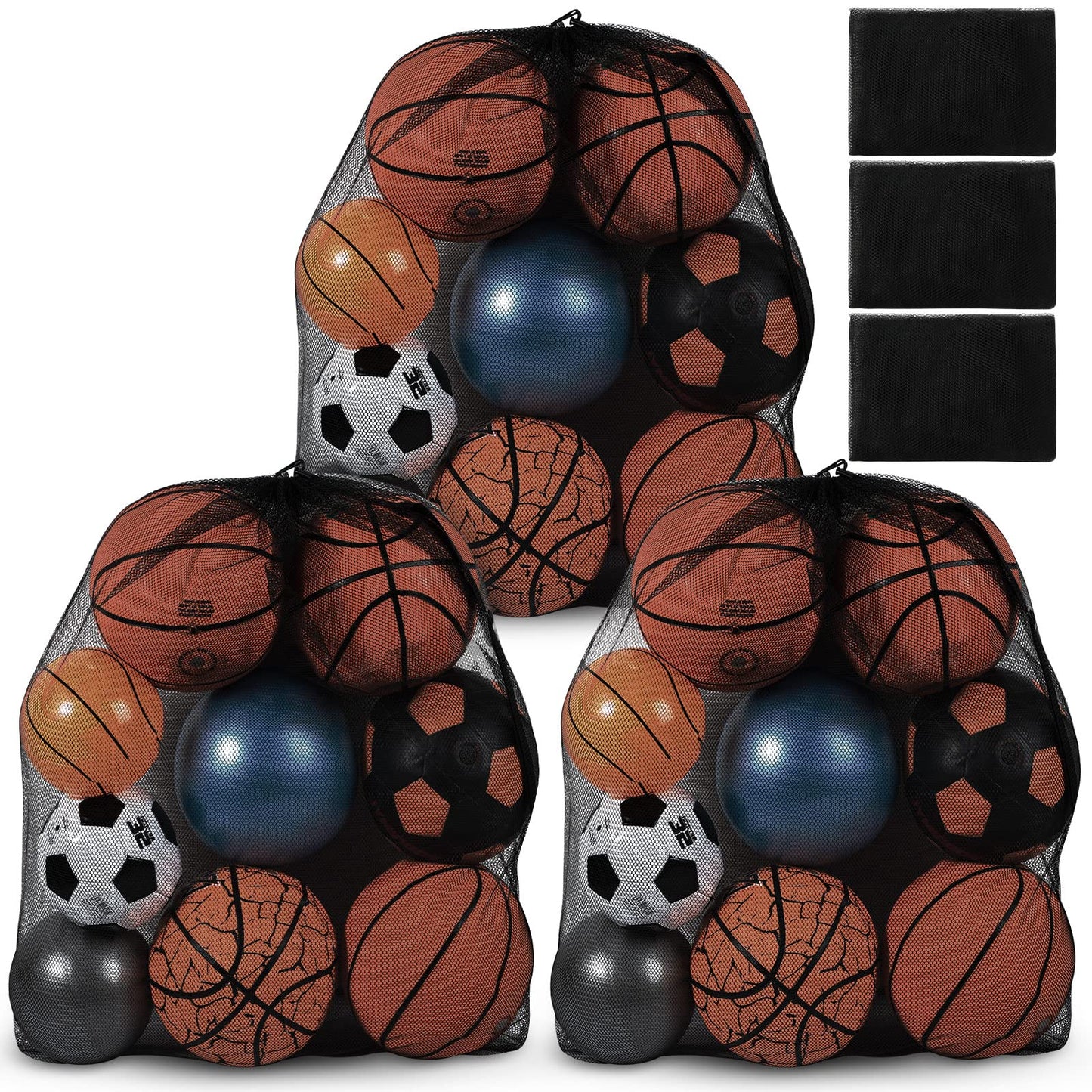 Woanger 3 Pcs Thickened Extra Large Sports Ball Bag Mesh Soccer Net Ball Bag Drawstring Bags Team Work for Holding Basketball, Volleyball, Baseball with Shoulder Strap, 35.4 x 27.5 Inch(Black)