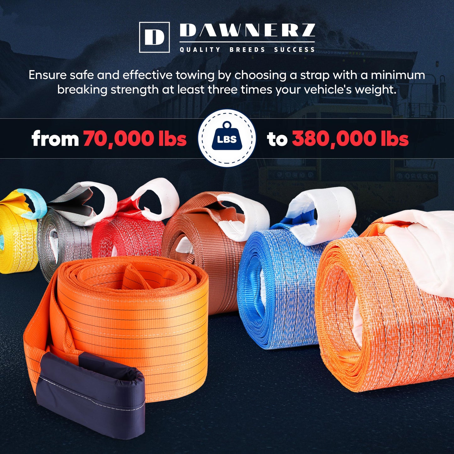 Dawnerz Heavy Duty Tow Strap 30 ft 380000 lbs Minimum Break Strength - Dawnerz Towing Rope for Truck Bus and Tractor