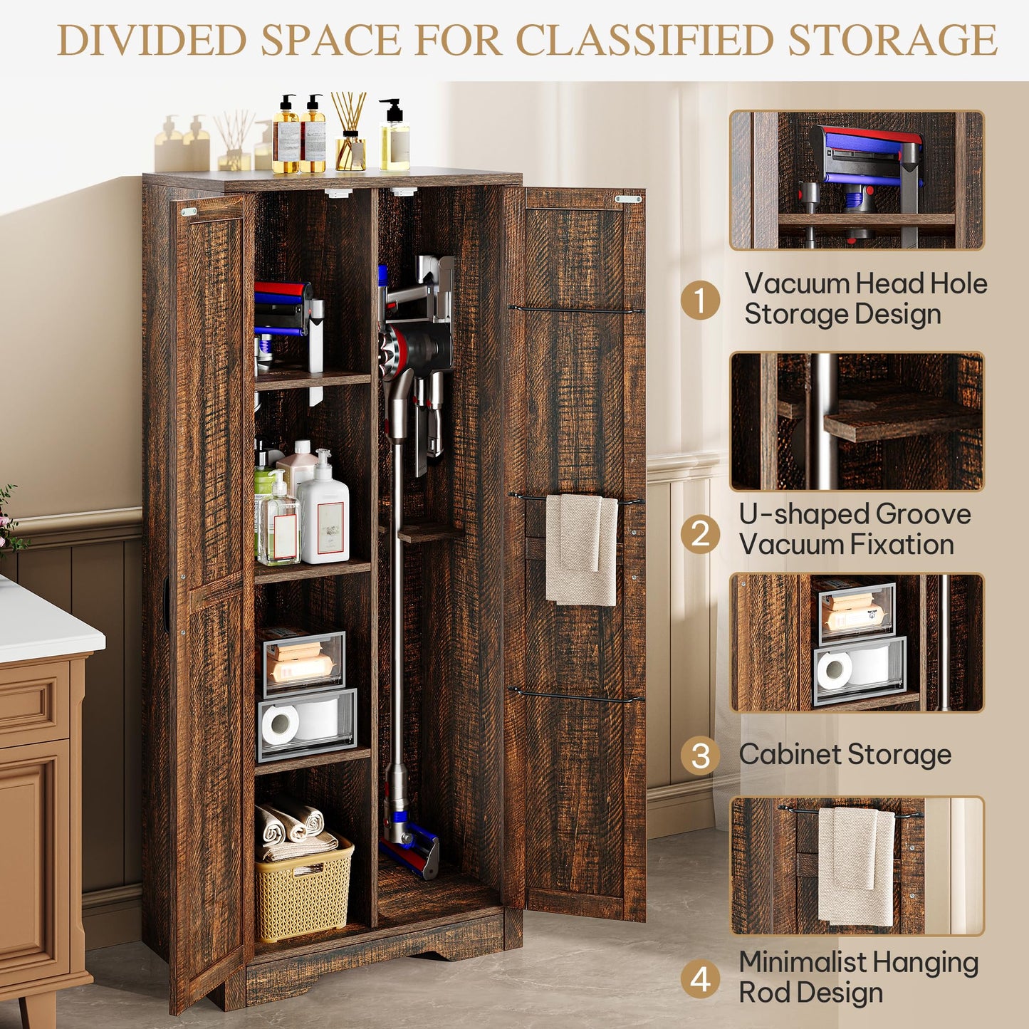 DWVO Wooden Storage Cabinet, Vacuum Cleaner Cabinet Storage Compatible with Dyson Models, Utility Cabinet Stand for Brooms and Mops, Cleaning Tool Cabinet with Doors for Garage