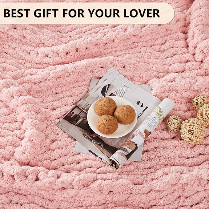 L'AGRATY Chunky Knit Blanket Throw: 80''x90'' Chenille Chunky Knitted Throw Blankets for Bed Couch - Handmade Thick Big Cable Knit Blanket - Large Crochet Rope Blankets for Home Decor(Pink)