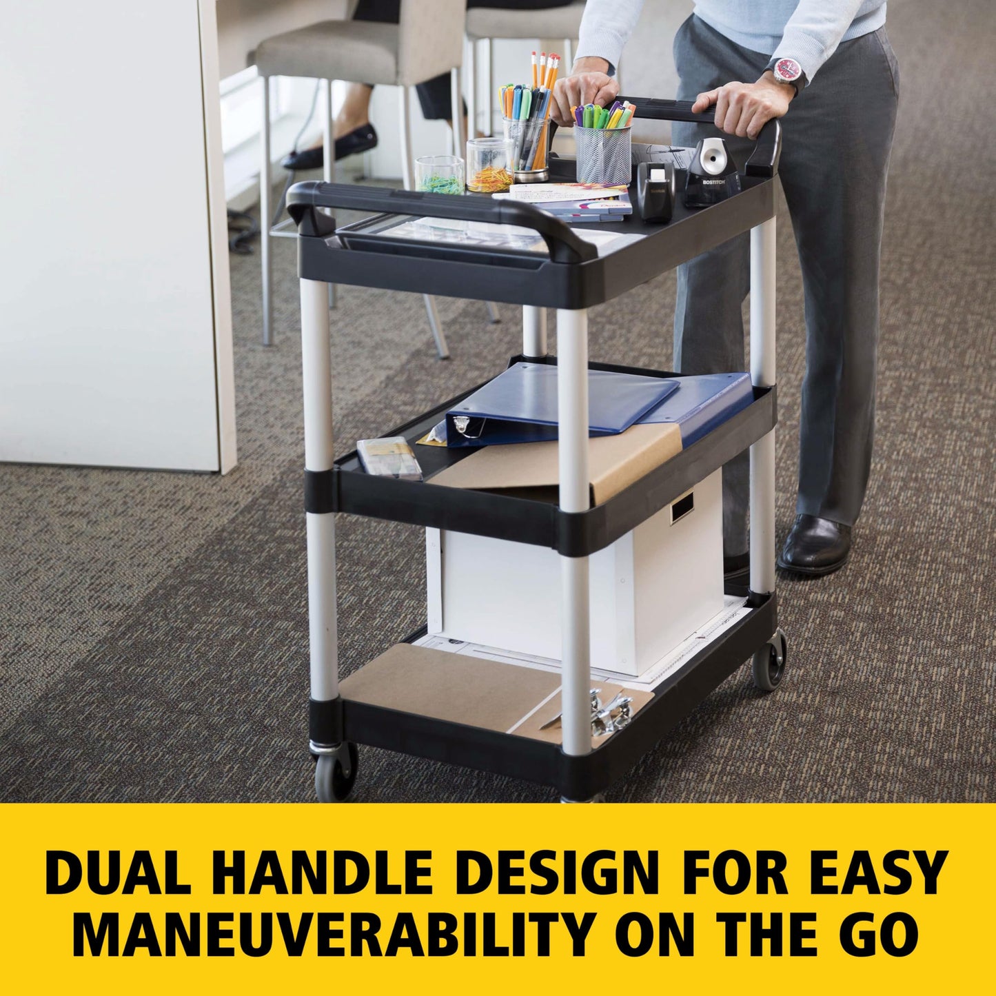 Rubbermaid Commercial Products Heavy Duty 3-Shelf Rolling Service/Utility/Push Cart, 200 lbs. Capacity, Black, for Foodservice/Restaurant/Cleaning/Warehouse/Garage