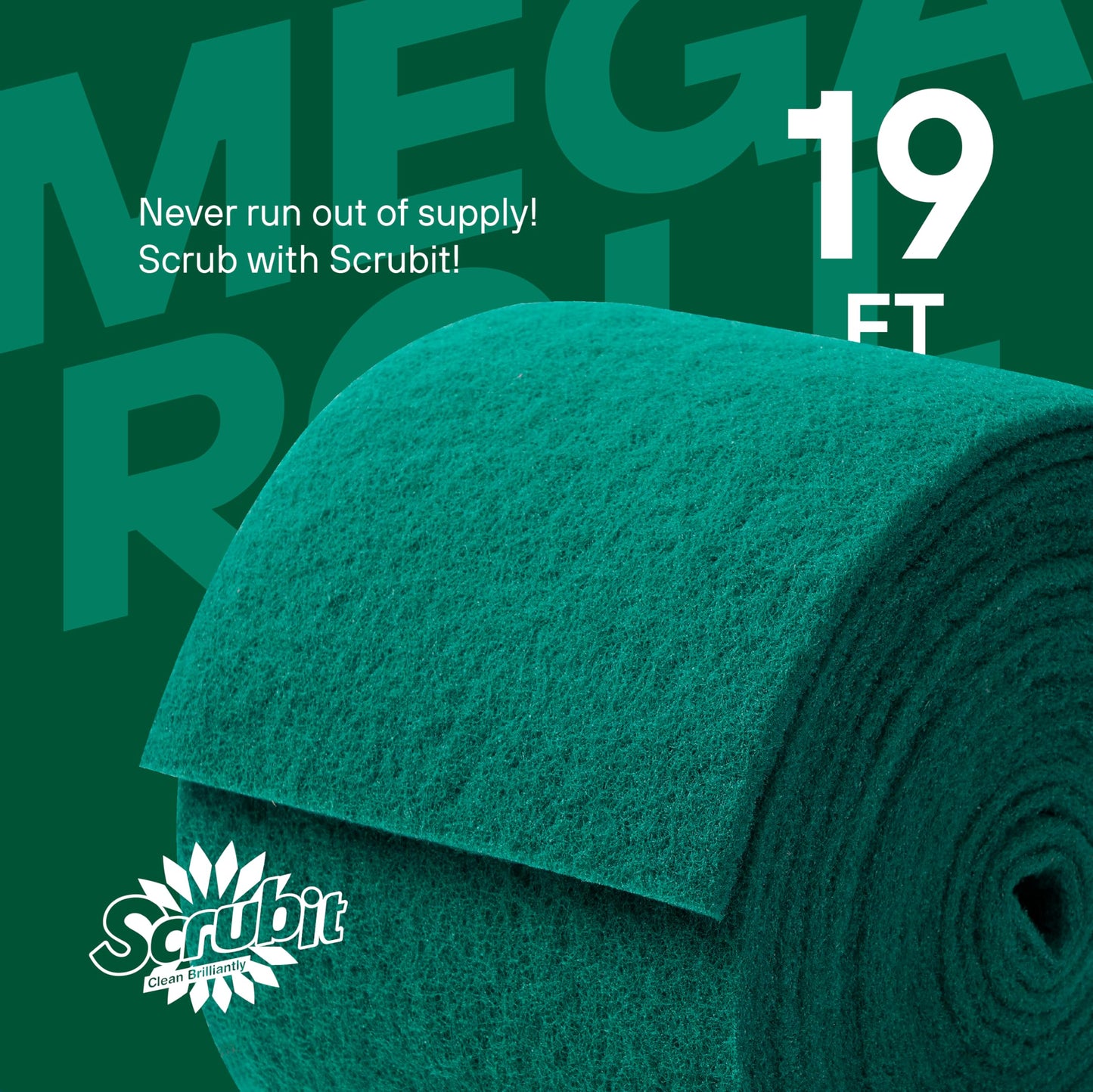 SCRUBIT Scouring Pad Roll - 19 FT Green scrubbing Pads Roll - Non Scratch Dish Washing Scrubbers - Abrasive and Heavy Duty Pot Scrubber Roll for Kitchen, Pots, Pans, Oven, and Grill 19 FT X 6" x0.3"