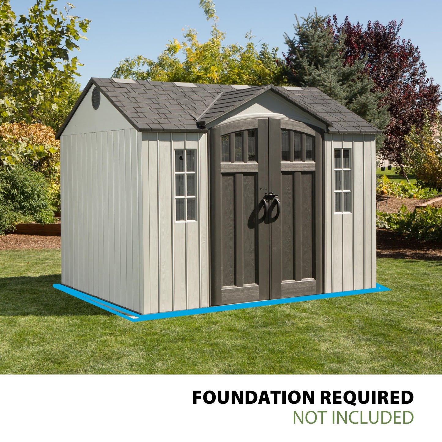 Lifetime 10×8 Ft. Outdoor Storage Shed, Dual‑Wall HDPE with Steel‑Reinforced Structure, Side‑Entry Doors with Windows, Skylight, Screened Vents, Adjustable Shelves, Slip‑Resistant Floor, UV‑Protected