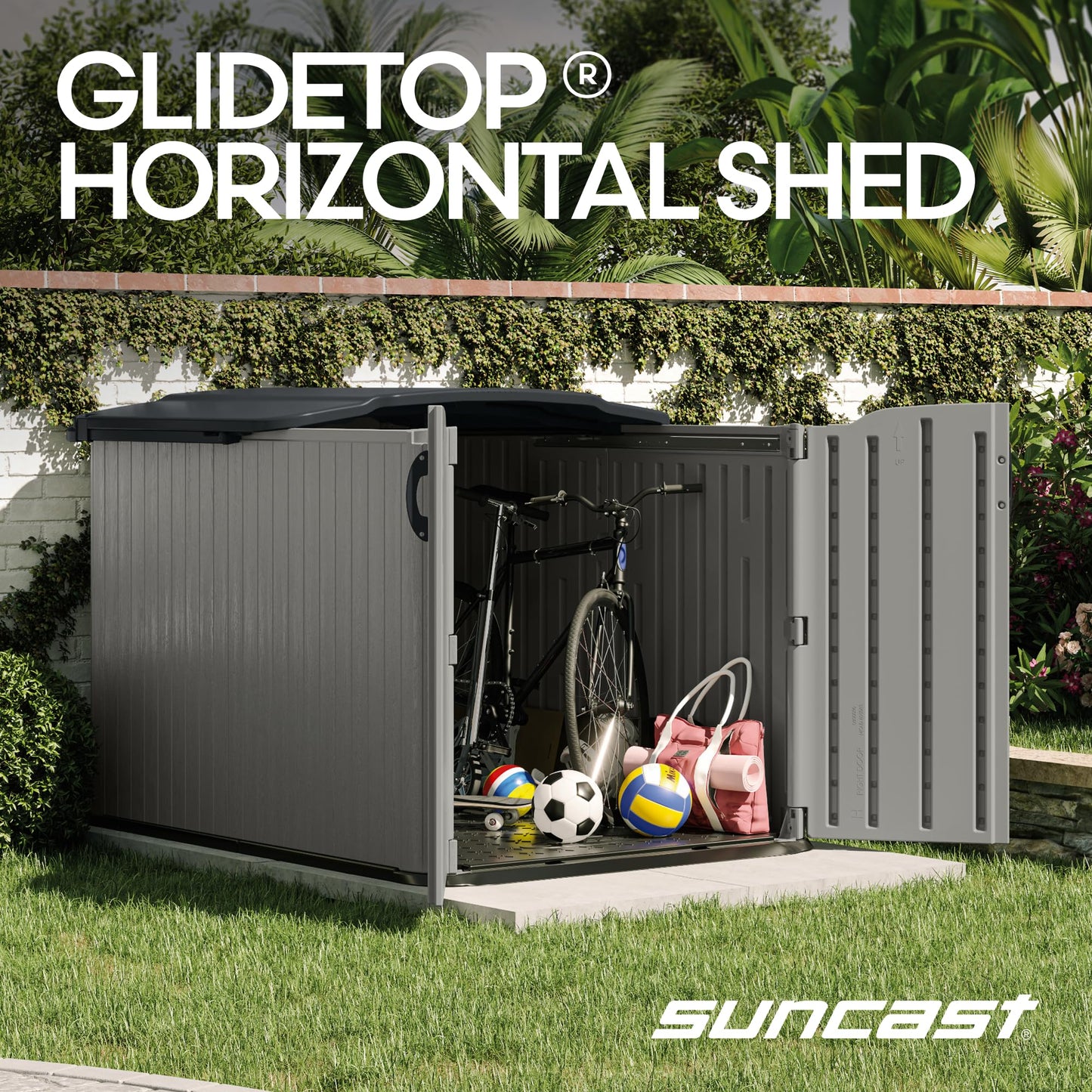 Suncast 138 Cu Ft Horizontal Outdoor Storage Shed, 57.5"x79.75"x52" Glidetop Outdoor Shed with Sliding Lid, Resin Storage Sheds with Floor for Bikes, Motorcycles, & Lawn Mower, Made in The USA