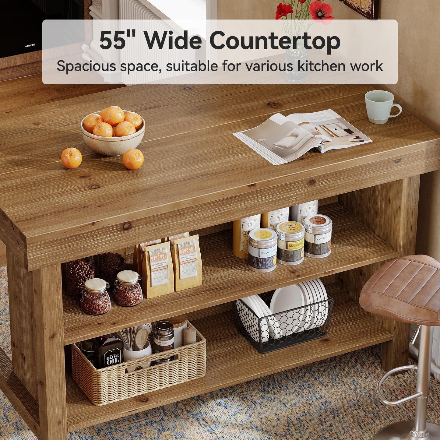 TRIBEWOOD 55" Solid Wood Kitchen Island with Storage, Farmhouse Kitchen Island Table with 3-Tier Open Shelves and Large Countertop for Kitchen, Dining & Living Room, Natural Oak