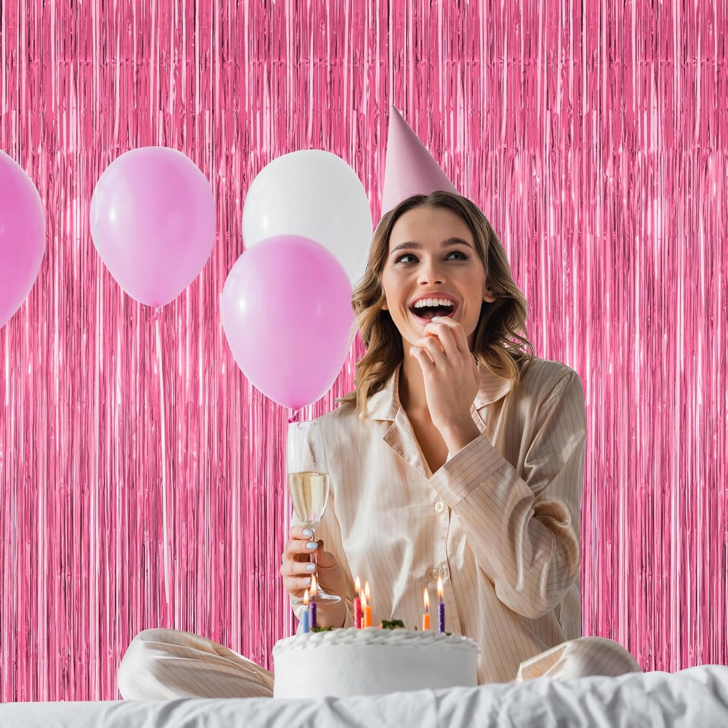 ZATAYE Pink Foil Fringe Curtains - 12 Pack Metallic Tinsel Backdrop for Birthday & Valentine's Day Decor | 3.28 FT x 7.05 FT