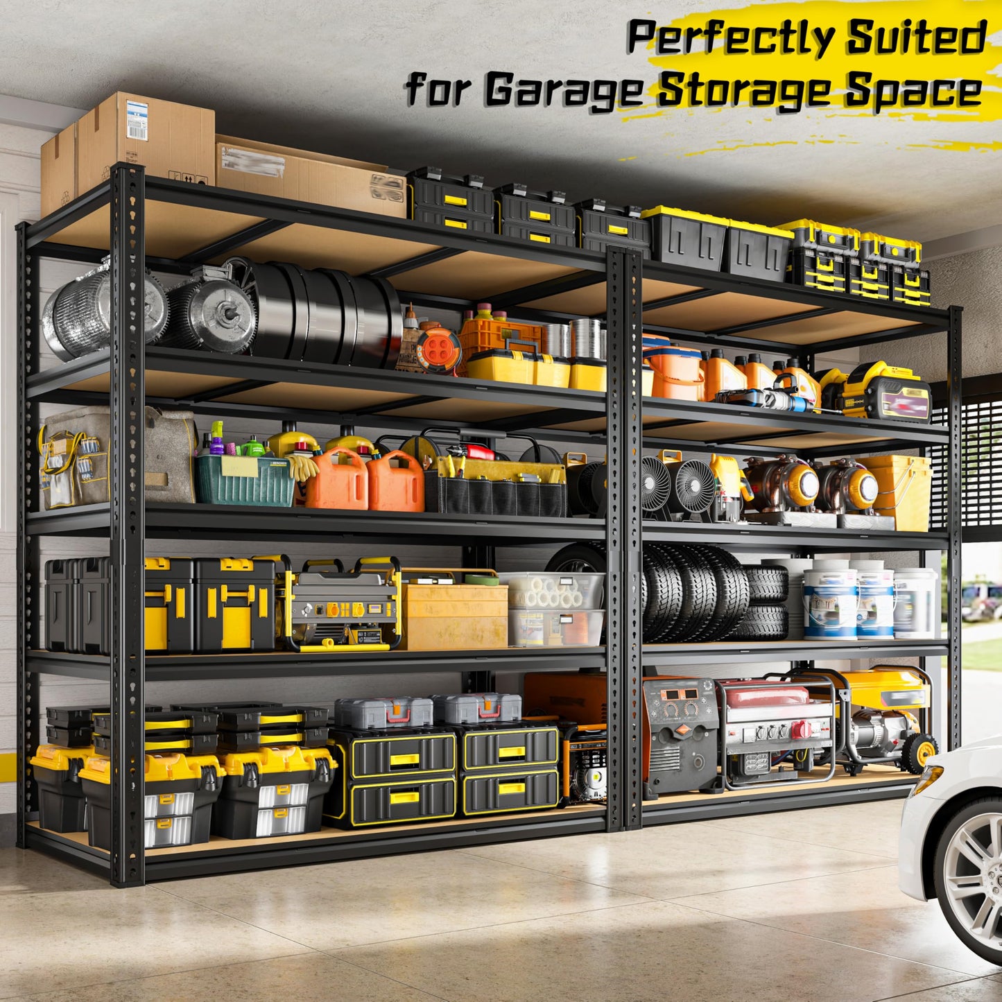 48" W Garage Shelving Heavy Duty 3080LBS Garage Storage Shelving, 5 Tier Adjustable Metal Shelving Unit Utility Rack Shelf for Warehouse, Pantry, Closet, Kitchen 72" H x 48" W x 24" D,Industrial，Black