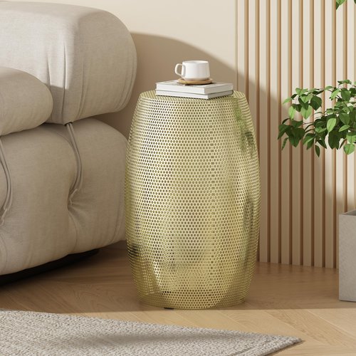 Christopher Knight Home Fairmo Indoor Accent Table, Lace Cut Hollow Side Tables, Round Drum Coffee End Table, Metal Decorative Stool Tables for Living Room Bedroom Home Decor, Gold