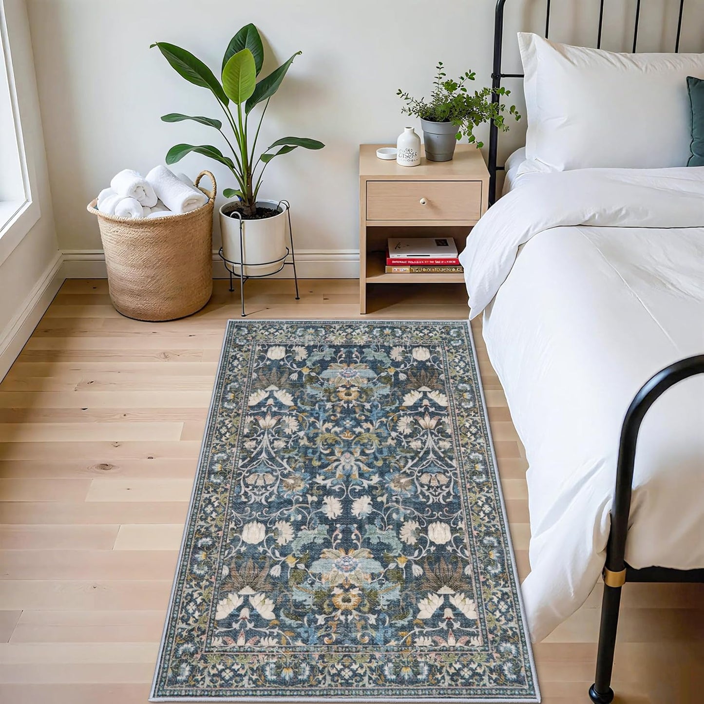 Skiennix 4x6 Area Rug - Washable Boho Floral Design | Non-Slip Low Pile Carpet for Living Room, Bedroom, Office