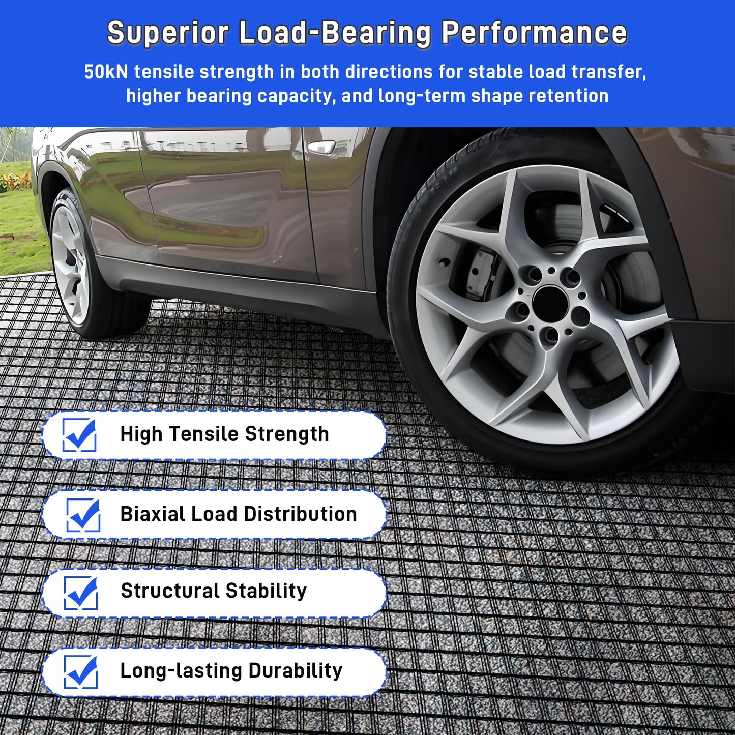 Universal Geogrid Roll 3.84ft x 164ft Retaining Wall Fiberglass Geogrid, 50KN Tensile Strength Driveway Ground Gravel Grid with Mounting Screws for Asphalt Pavement and Soil Road Slope Reinforcement