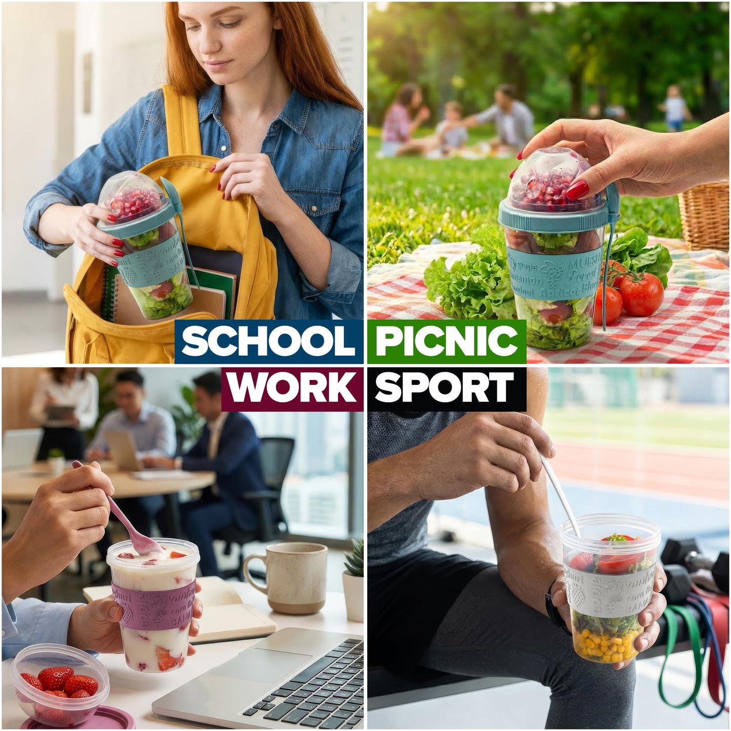 SECEL 4 Pcs Yogurt Parfait Cups Breakfast On The Go Reusable Plastic Containers With Lids And Spoons Take And Go Yogurt Cup With Topping Cereal Or Oatmeal Leak-proof Colorful Bowls