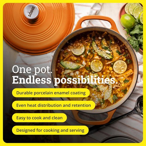 Lodge Enamel Cast Iron Dutch Oven - 6 Quart Moisture-Sealing Lid & Dual Handles - Ideal for Baking & Slow Cooking - Pumpkin