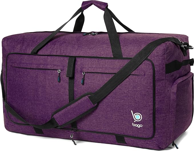 Bago Big XXL Foldable Duffel Bags for Traveling Women & Men - 140L Packable Duffle Bag for Travel with Shoe Compartment - Water Repellant, Heavy Duty, Lightweight Folding & Collapsible (SnowDepPurple)