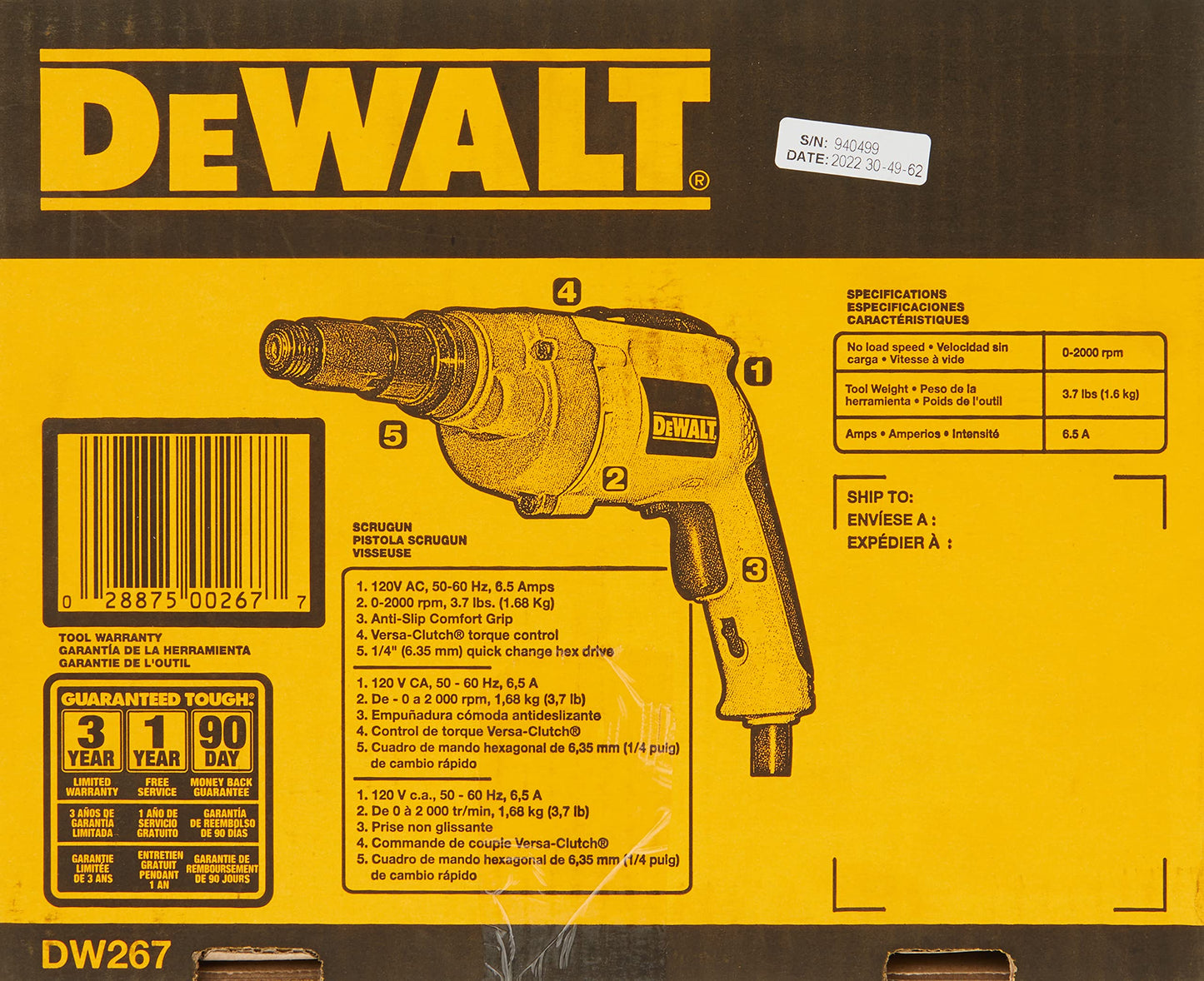 DEWALT Drywall Screw Gun, Variable Speed Reversible, 6.5-Amp (DW267), 0.25