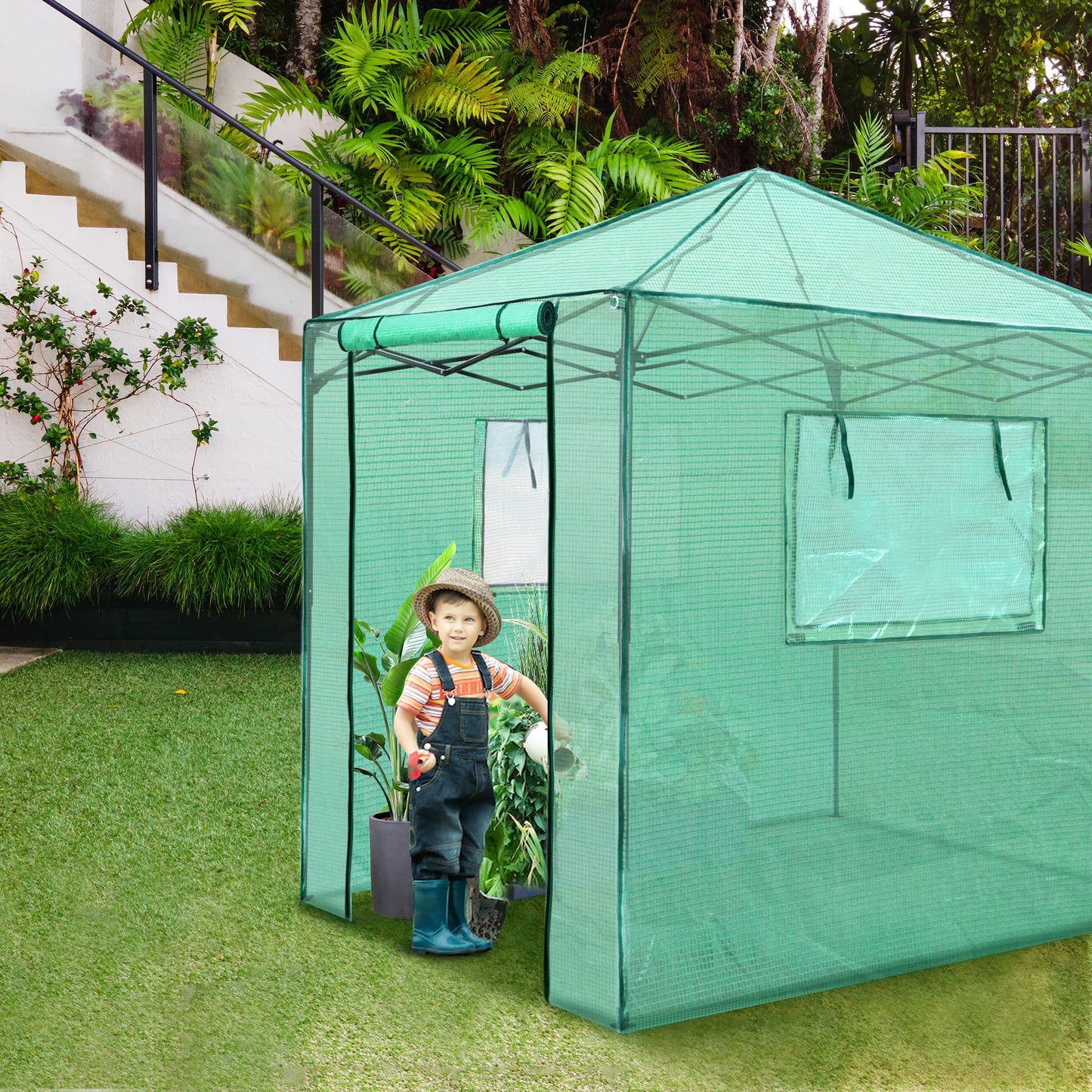 PexFix 6'x 5' Portable Walk-in Greenhouse, Easy Setup, Indoor/Outdoor, 2 Roll-Up Mesh Windows, Roll-Up Zipper Door, Green