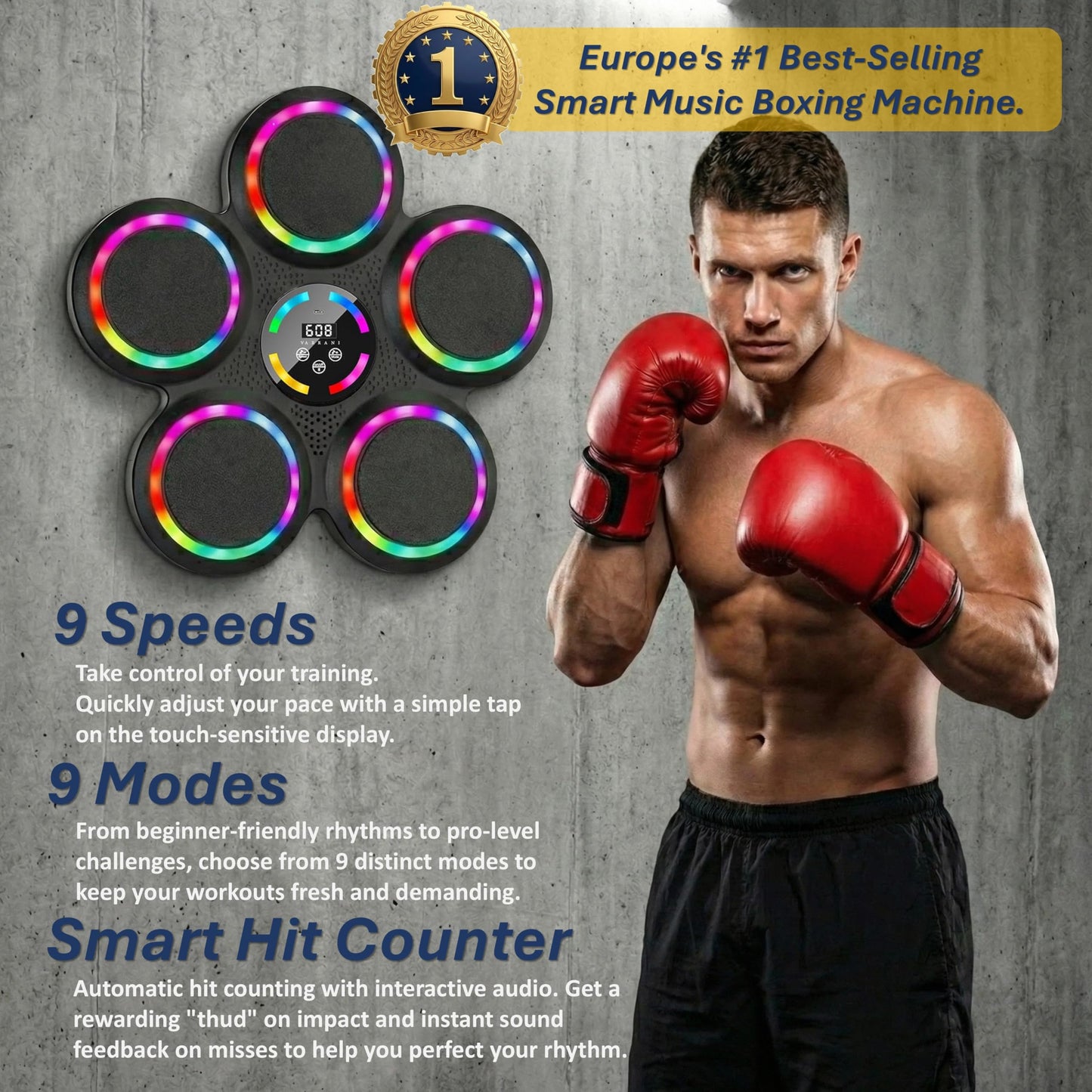 VARRANI Music Boxing Machine - 2026 Upgraded Interactive Boxing Trainer - 2 Pairs of Gloves - for Kids & Adults - Wall Mounted Easy Installation - 9 Speeds 9 Modes - Electronic Boxing Target