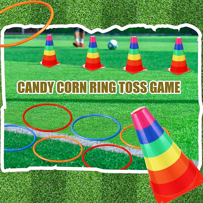 Leitee 6 Sets Candy Corn Ring Toss Game Plastic Cones Ring Toss Combo Set Mini Traffic Cones Toss Game for Sports Training Garden Backyard Outdoor Activities(Colorful,Carnival Game)