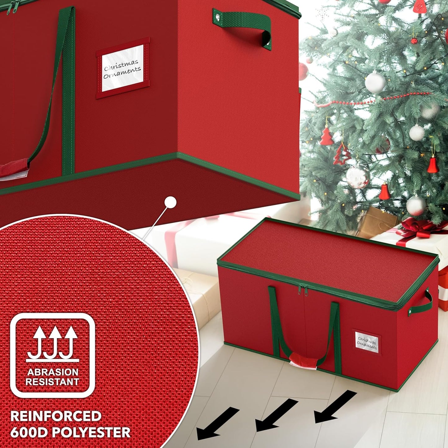 Simple Houseware Heavy-Duty Christmas Ornament Storage Box - Adjustable Dividers, Holds 128 Ornaments, Red